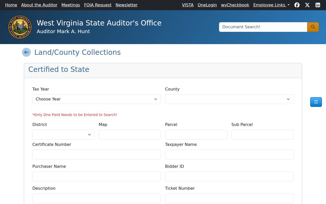 West Virginia State Auditor certified-to-state land search fields