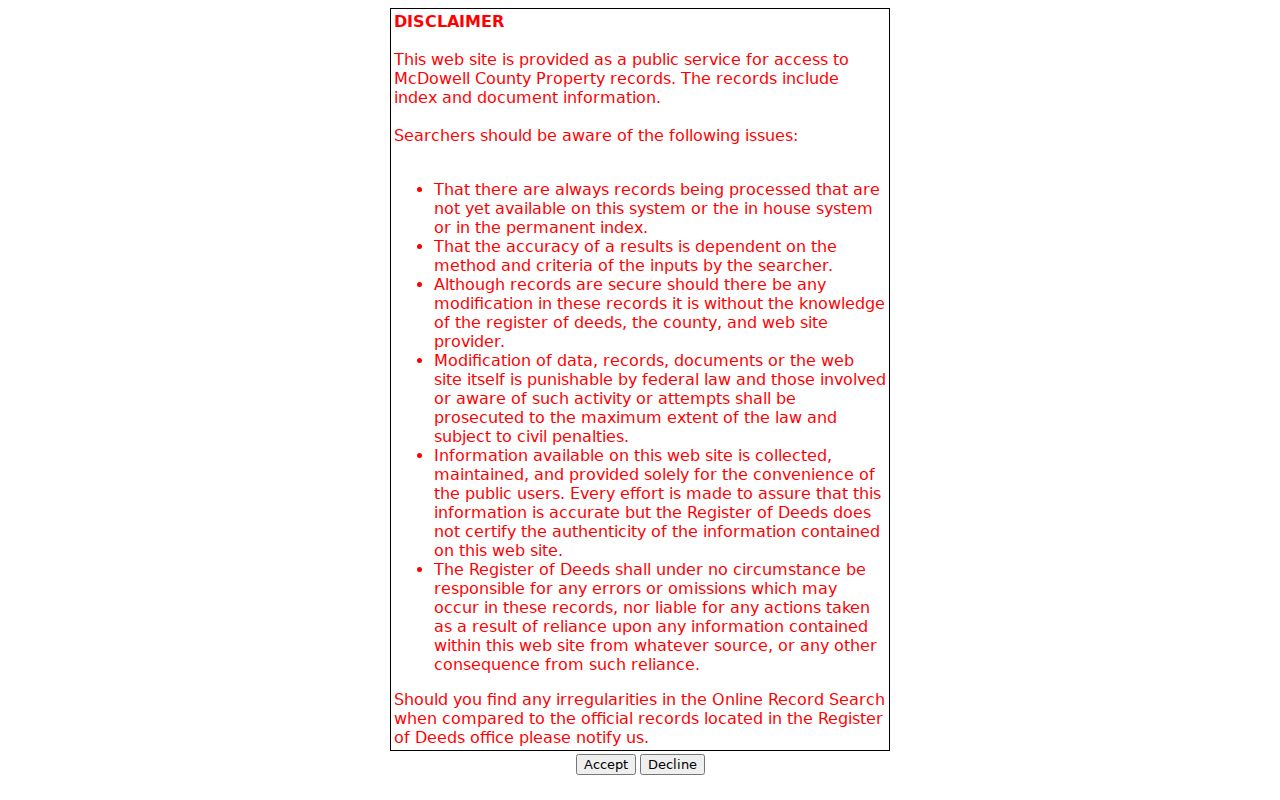 McDowell County deed search portal disclaimer and index panels