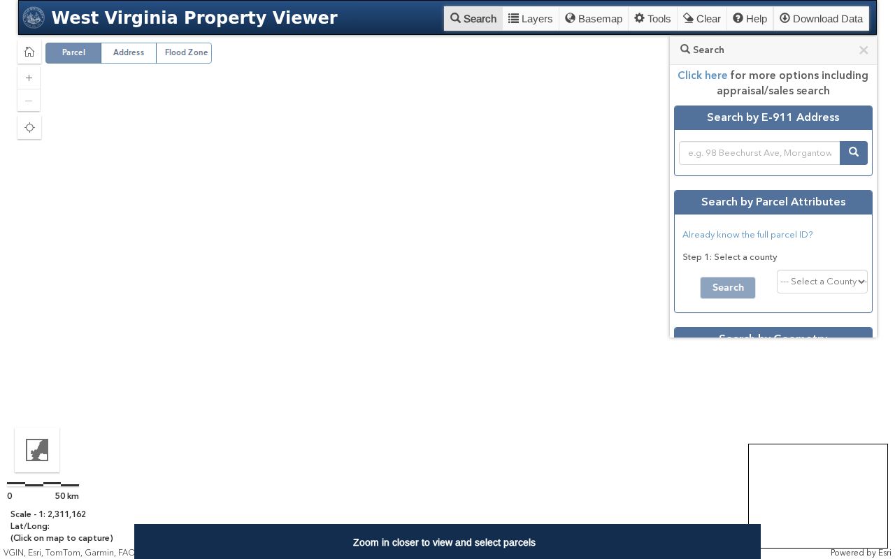 MapWV showing a selected McDowell County parcel and parcel-viewer layers