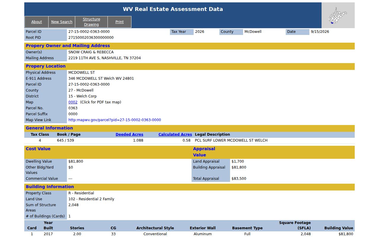Welch assessment card with land, dwelling and total appraisal values